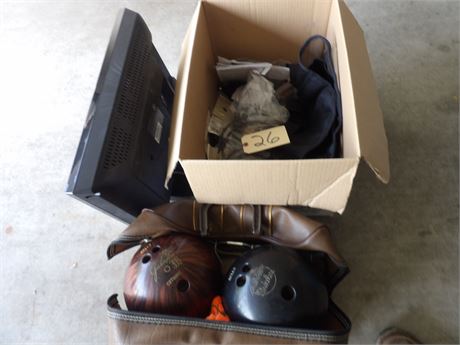 BOWLING BALLS W / CASE- TV W / MISC WIRE ETC