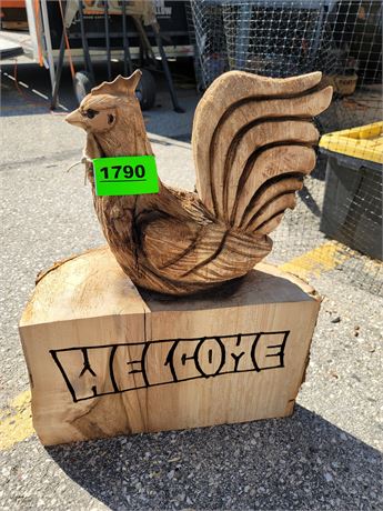 "WELCOME" ROOSTER CHAINSAW WOOD CARVING