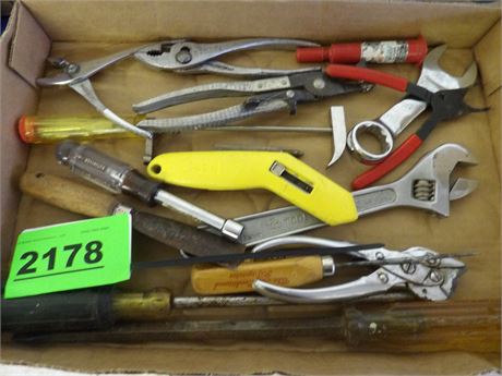 ASSORTMENT OF SHOP TOOLS - PLIERS - WRENCHES - SCREW DRIVERS ETC