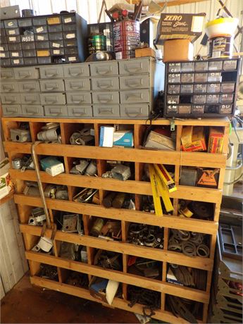 SHOP ORGANIZERS - W / LOTS OF SHOP ITEMS - BOLTS - HOOKS - CHAINS ETC